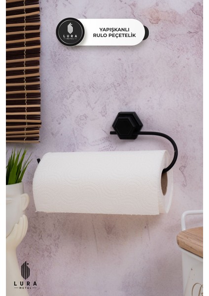 Elite Siyah Metal Yapışkanlı Rulo Peçetelik - 27X8 cm Modern ve Deliksiz Montaj 1 Adet