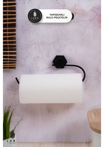 Elite Siyah Metal Yapışkanlı Rulo Peçetelik - 27X8 cm Modern ve Deliksiz Montaj 1 Adet