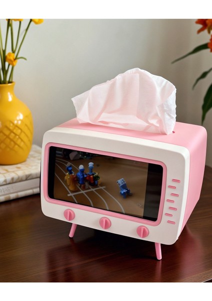 Elite Retro Tv Görünümlü Peçete Kutusu, Telefon Tutucu (Pembe) 1 Adet