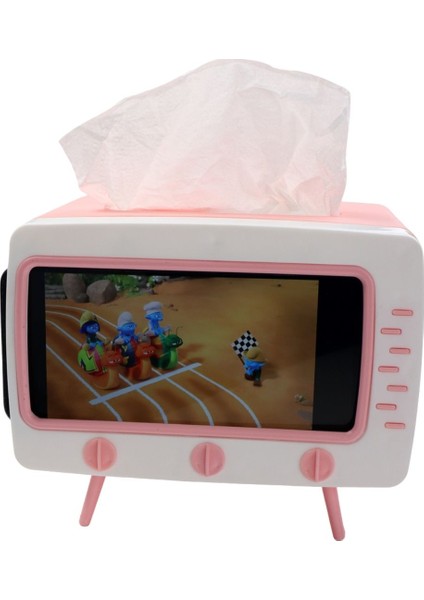 Elite Retro Tv Görünümlü Peçete Kutusu, Telefon Tutucu (Pembe) 1 Adet