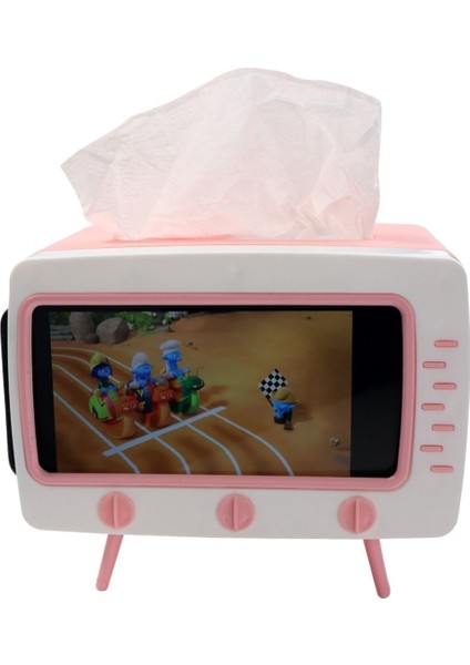 Elite Retro Tv Görünümlü Peçete Kutusu, Telefon Tutucu (Pembe) 1 Adet