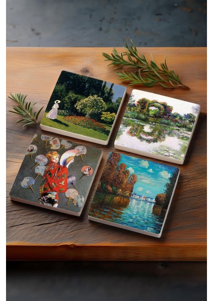 Elite Claude Monet Sonbahar, Japon Kostümü, Gül Çiçekli Kemer, Bahçedeki Kadın Taş Bardak Altlığı 4'lü Set 1 Adet