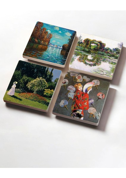 Elite Claude Monet Sonbahar, Japon Kostümü, Gül Çiçekli Kemer, Bahçedeki Kadın Taş Bardak Altlığı 4'lü Set 1 Adet fiyatları