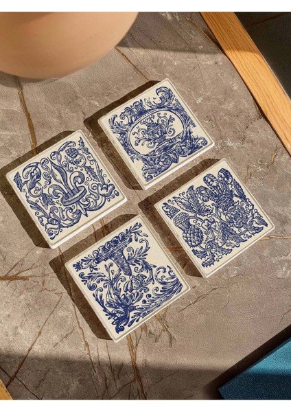Elite Çini Desenli Doğal Taş Bardak Altlığı, Şık ve Dekoratif Tasarım, 4’lü Set 1 Adet