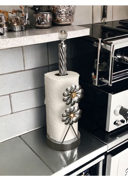 Elite Taşlı Çiçek Detaylı Rulo Kağıt Havluluk Peçetelik Premium Dekoratif Metal Havluluk Büyük Boy Gümüş 1 Adet