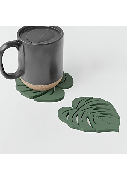 Elite Deve Tabanı Desenli Bardak Altlığı 2'li Set - Yaprak Desenli Bardak Altlığı 2'li Seti (Monstera) 1 Adet