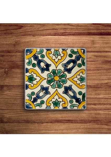 Elite Koyu Yeşil ve Sarı Tile Desen, Çini Desen Temalı Doğal Taş Traverten Bardak Altlığı 4 Lü Set 1 Adet modelleri