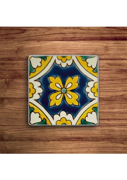 Elite Koyu Yeşil ve Sarı Tile Desen, Çini Desen Temalı Doğal Taş Traverten Bardak Altlığı 4 Lü Set 1 Adet fırsatları