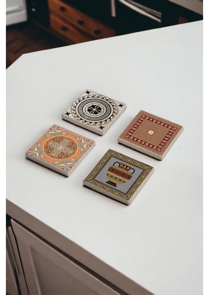 Elite Greek Ornament, Yunan Motif Desenli Doğal Taş Traverten Bardak Altlığı 4 Lü Set 1 Adet
