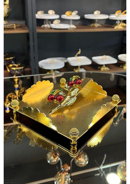 Elite Metal Gold Peçetelik, Kiraz Dekorlu Şık Kare Peçetelik 1 Adet