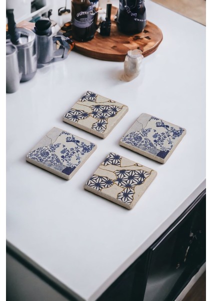 Elite Kintsugi Sanatı, Kintsukuroi Art Temalı Doğal Taş Traverten Bardak Altlığı 4 Lü Set 1 Adet