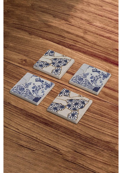 Elite Kintsugi Sanatı, Kintsukuroi Art Temalı Doğal Taş Traverten Bardak Altlığı 4 Lü Set 1 Adet fırsatları