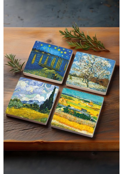 Elite Van Gogh Buğday Tarlası, Şeftali Ağacı, Hasat Manzarası, Ren Nehri’nde Bir Gece Taş Bardak Altlığı 1 Adet