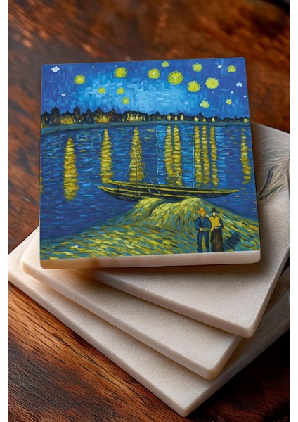 Elite Van Gogh Buğday Tarlası, Şeftali Ağacı, Hasat Manzarası, Ren Nehri’nde Bir Gece Taş Bardak Altlığı 1 Adet modelleri