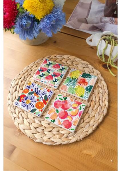 Elite Atölye Tropikal Çiçek ve Meyve Desenli Bardak Altlığı 4’lü Set Doğal Taş (10X10 Cm) 1 Adet