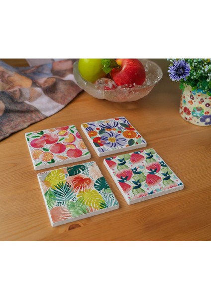 Elite Atölye Tropikal Çiçek ve Meyve Desenli Bardak Altlığı 4’lü Set Doğal Taş (10X10 Cm) 1 Adet