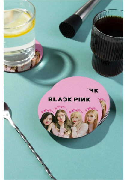 Elite Black Pink Heart Baskılı Ahşap Bardak Altlığı 1 Adet