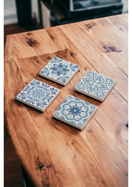 Elite Açık Mavi Tile Desen, Maxican Talavera Doğal Taş Traverten Bardak Altlığı 4 Lü Set 1 Adet
