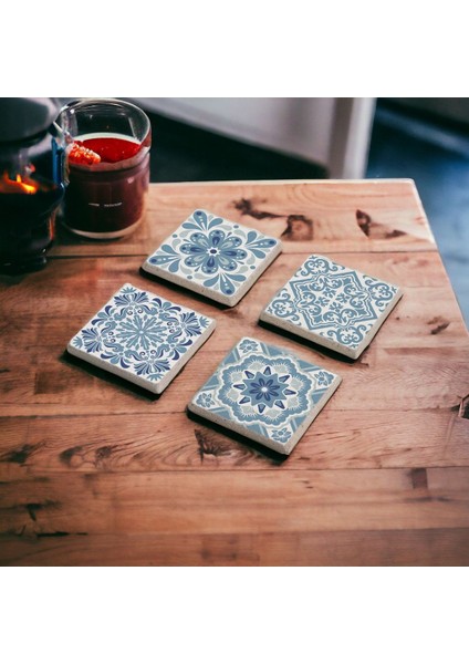 Elite Açık Mavi Tile Desen, Maxican Talavera Doğal Taş Traverten Bardak Altlığı 4 Lü Set 1 Adet fırsatları
