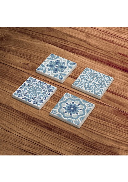 Elite Açık Mavi Tile Desen, Maxican Talavera Doğal Taş Traverten Bardak Altlığı 4 Lü Set 1 Adet indirimleri