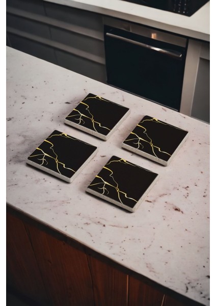 Elite Siyah Kintsugi Sanatı, Kintsukuroi Art Doğal Taş Traverten Bardak Altlığı 4 Lü Set 1 Adet