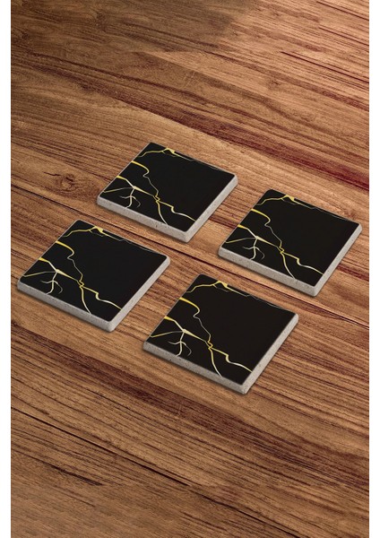 Elite Siyah Kintsugi Sanatı, Kintsukuroi Art Doğal Taş Traverten Bardak Altlığı 4 Lü Set 1 Adet fırsatları