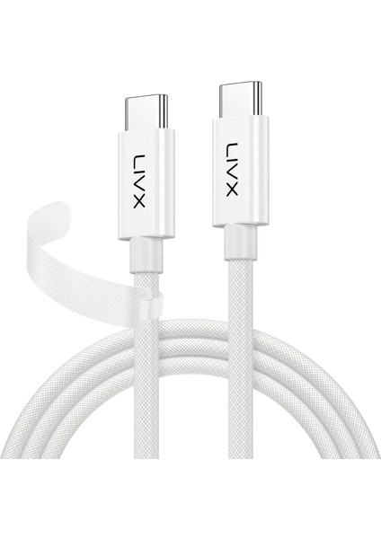 White Type-C To Type-C 100W Hızlı Şarj 10GBPS Hızlı Veri Aktarımı Pd3.1 Örgülü Beyaz 1 Metre Kablo Byz-01