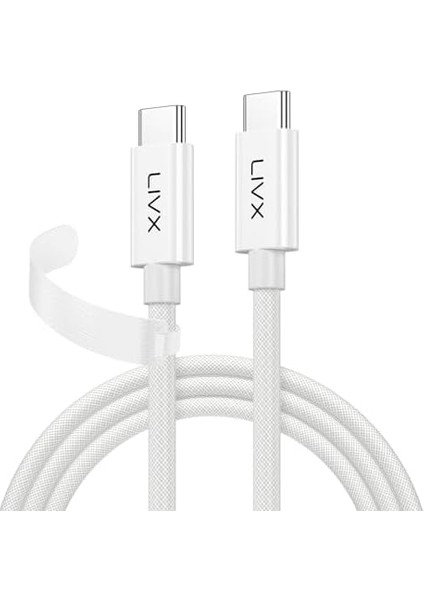 White Type-C To Type-C 100W Hızlı Şarj 10GBPS Hızlı Veri Aktarımı Pd3.1 Örgülü Beyaz 1 Metre Kablo Byz-01