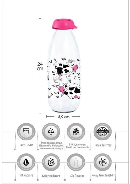 Elite 1 Lt Desenli Süt Şişesi-Koyu Pembe-Cow & Milk 1 Adet