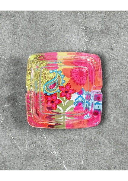 Elite Dekoratif Cam Küllük - Akrilik Desenli Kül Tablası - Kare 9x9 cm 1 Adet