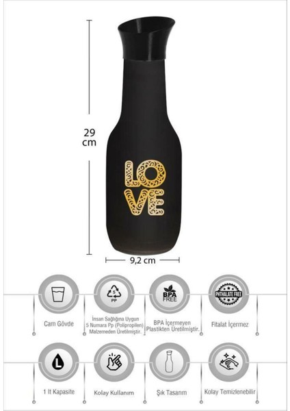 Elite 1 Lt Altın Love Desen Mat Karaf Su Şişesi 1 Adet