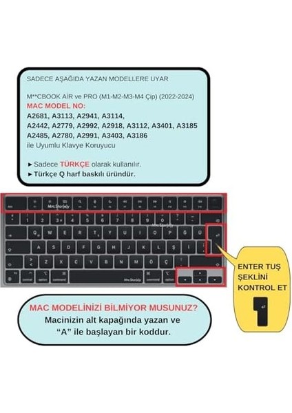Macbook Pro Air M1-M2-M3 Klavye Koruyucu (Türkçe Q) A2681 A3113, A2941 A3114, A2442 A2779 A2992 A2918, A2485 A2780 A2991 ile Uyumlu Siyah