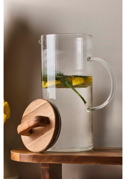 Elite Acacia 1300 ml Akasya Vakum Kapak Borosilikat Yuvarlak Cam Sürahi 10X22 cm 1 Adet