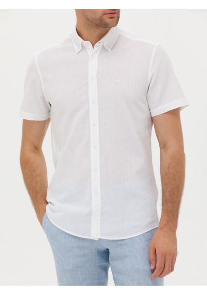 Erkek Beyaz Slim Fit Keten Karışımlı Kısakol Gömlek 50269570-VR013