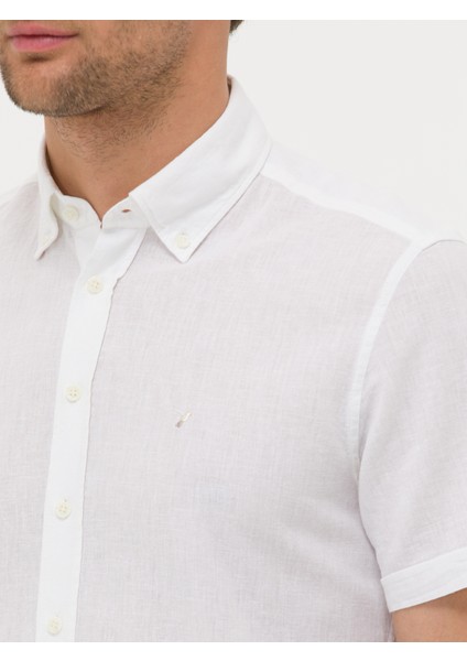 Erkek Beyaz Slim Fit Keten Karışımlı Kısakol Gömlek 50269570-VR013