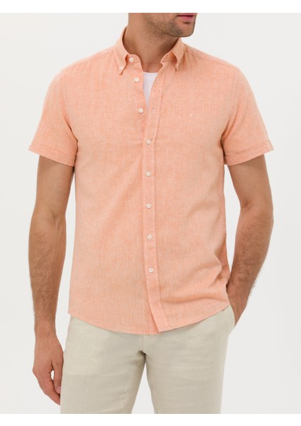 Erkek Turuncu Slim Fit Keten Karışımlı Kısakol Gömlek 50269570-VR051