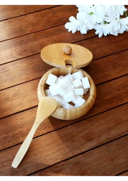Elite Bambu Kapaklı, Kaşıklı Şekerlik Veya Tuz Kabı 10CM 1 Adet indirimleri