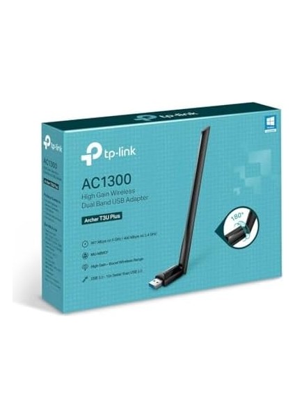 Archer T3U Plus, AC1300 Mbps, Çift Bant, USB 3.0, Yüksek Çekim Güçlü Wi-Fi 5 USB Adaptör