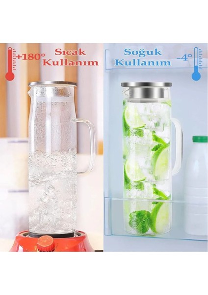 Elite Kapaklı Cam Sürahi 1,5 Litre Sıcağa ve Soğuğa Dayanıklı Baş Ucu Sürahi Borosiklat Sürahi 1 Adet