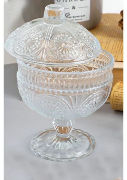 Elite Ayaklı Kapaklı Kristal Cam Modern Lüks Kurabiyelik & Şekerlik & Drajelik 15 cm 1 Adet
