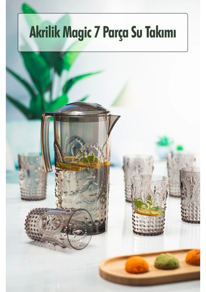 Elite Akrilik Füme Sürahi 2,3 Lt ve 6'lı & Su Meşrubat Kahve Yanı Bardağı 400 ml Seti ( Cam Değildir ) 1 Adet