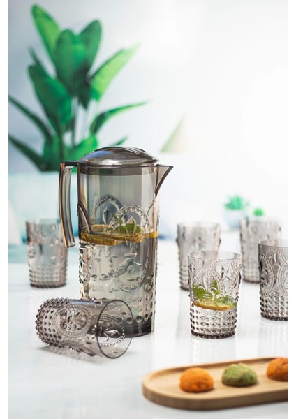 Elite Akrilik Füme Sürahi 2,3 Lt ve 6'lı & Su Meşrubat Kahve Yanı Bardağı 400 ml Seti ( Cam Değildir ) 1 Adet