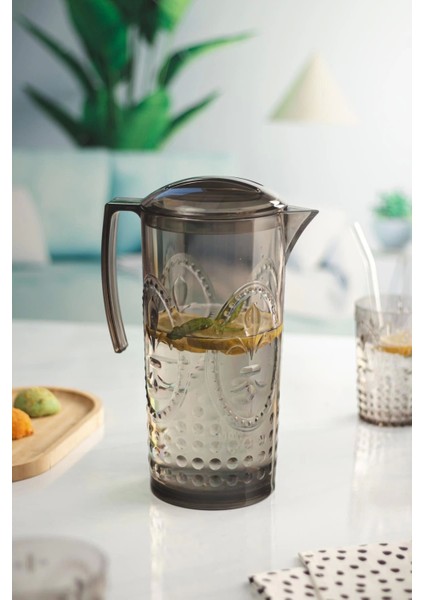 Elite Akrilik Füme Sürahi 2,3 Lt ve 6'lı & Su Meşrubat Kahve Yanı Bardağı 400 ml Seti ( Cam Değildir ) 1 Adet