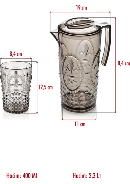 Elite Akrilik Füme Sürahi 2,3 Lt ve 6'lı & Su Meşrubat Kahve Yanı Bardağı 400 ml Seti ( Cam Değildir ) 1 Adet