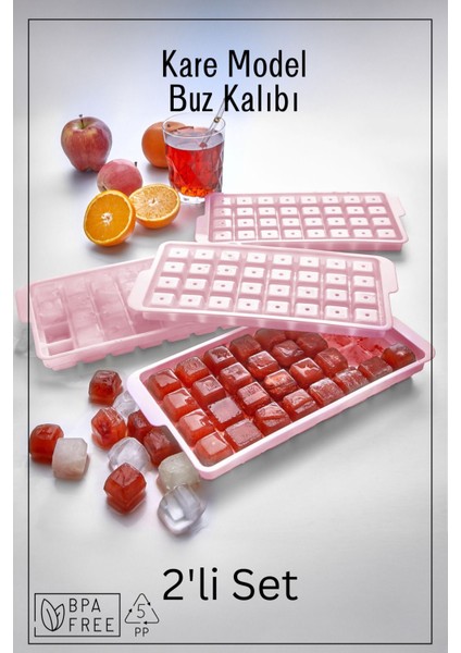 Elite 32 Bölmeli Kare Model Buz Kalıbı - / 2'li Set - Pembe 1 Adet