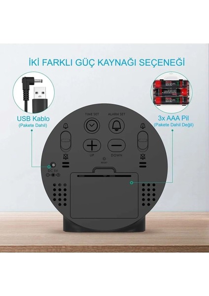 Modern Yuvarlak Siyah Dijital LED Masa Saati, USB Güç, Erteleme, Ev ve Ofis Dekoru