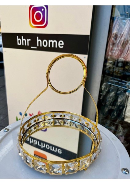 Elite Baharhome-Kristal Taşlı Gold ve Gümüş Aynalı Söz Nişan Tepsi Kahve Sunumluk Yuvarlak-21 cm 1 Adet