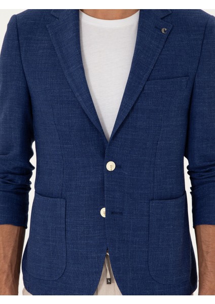 Erkek Mavi Slim Fit Keten Karışımlı Ceket 50264777-VR028