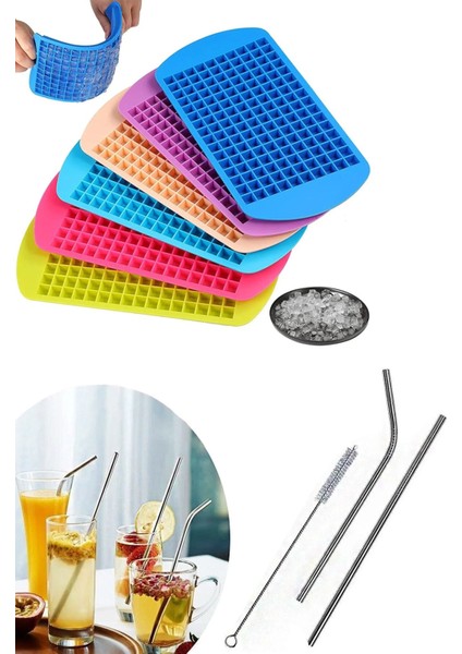 Elite 2'li Set Minik Küp Şekilli Silikon Buz Kalıbı, Trend Sunum Buzluk & 2 Adet Paslanmaz Metal Pipet 1 Adet