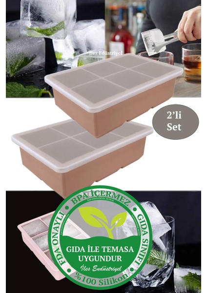 Elite Silikon Büyük Boy 6'lı Küp Buz Kalıbı, Kapaklı, Powder 2 Adet 1 Adet